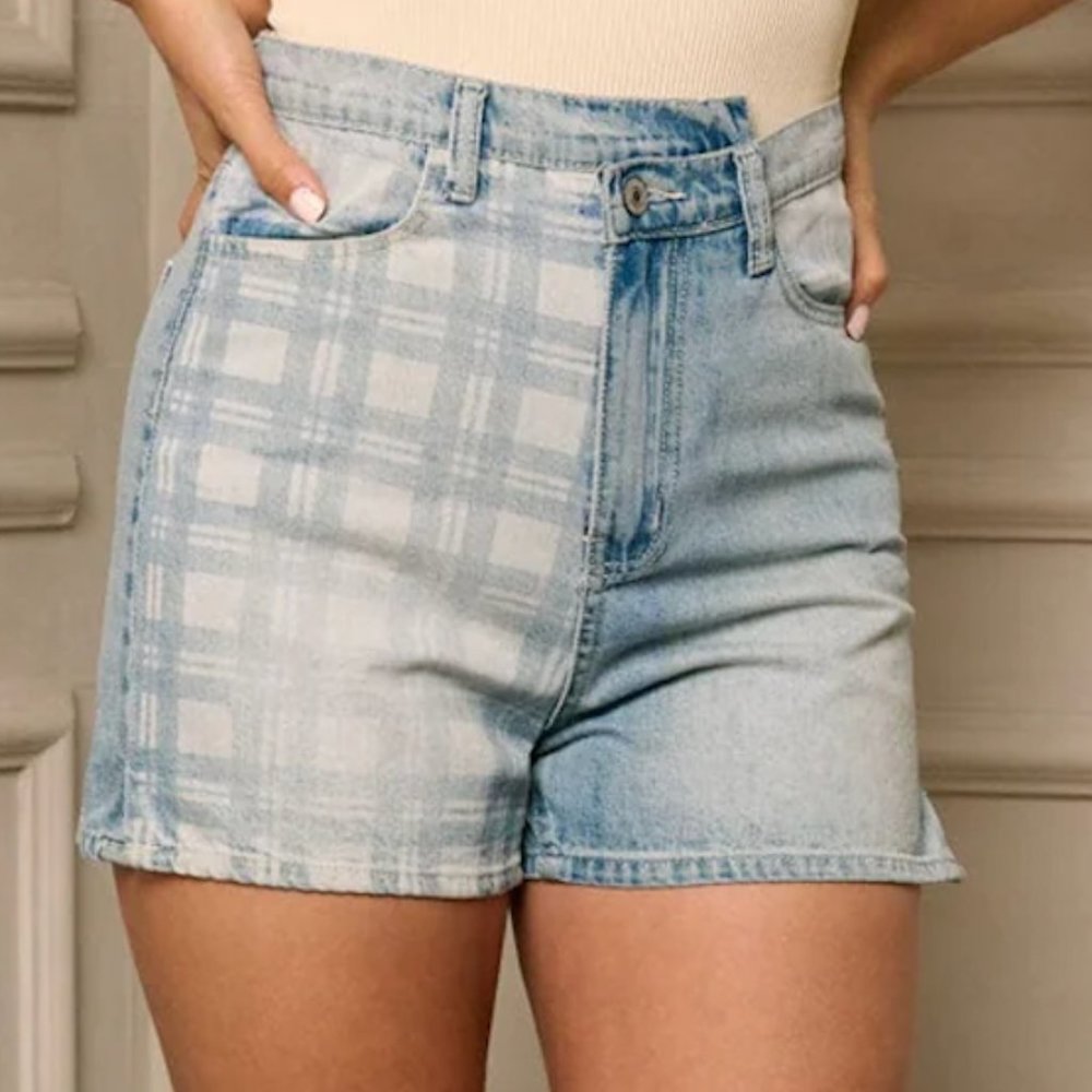 Light Blue Plaid Denim Shorts